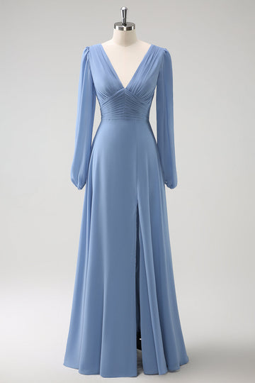 A Line Grey Blue V-Nack Vestido de Dama de Honor de Gasa con Mangas Largas